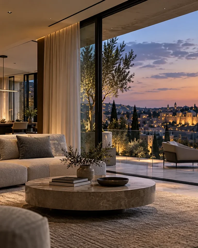 AI illustration: contemporary living room with warm integrated lighting and floor-to-ceiling views over Jerusalem at dusk