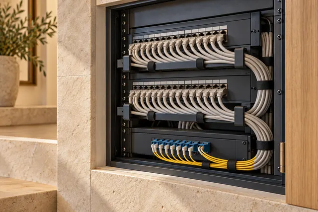 AI illustration: Close view of copper and fibre connections in a recessed cabinet.