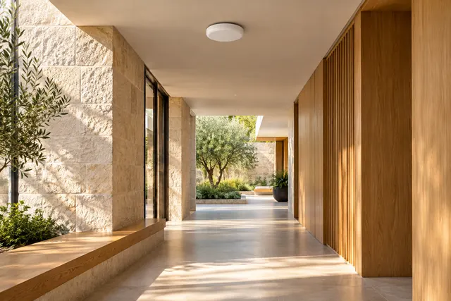 AI illustration: Ceiling wireless access point in a bright corridor.
