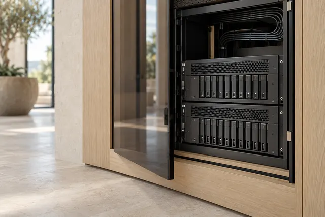 AI illustration: Server and storage hardware in a timber utility alcove.