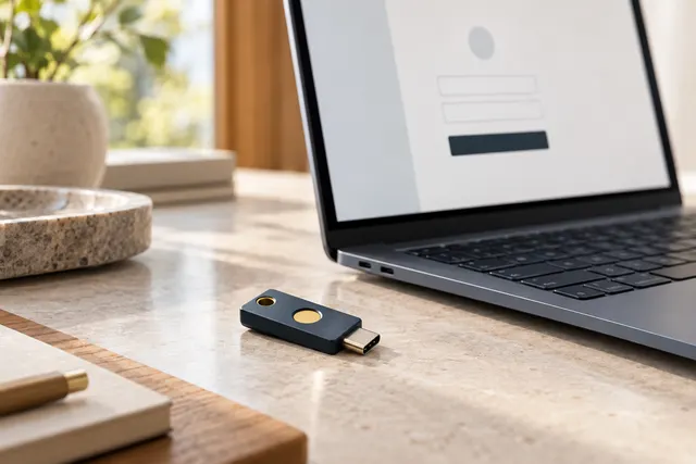 AI illustration: Physical security key beside a generic sign-in screen.