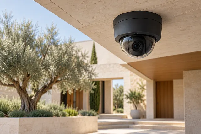 AI illustration: Dome camera overlooking a courtyard.