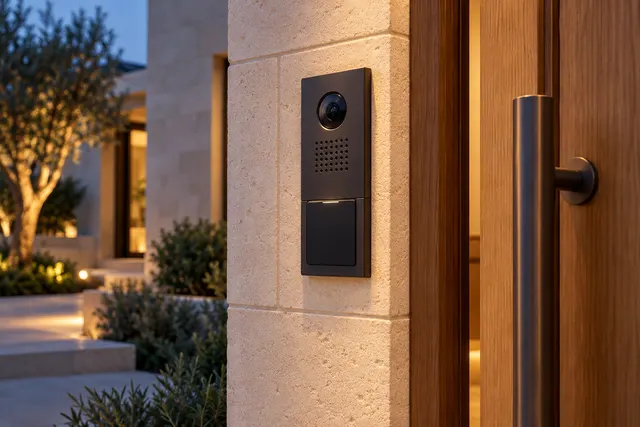 AI illustration: Intercom and access reader at a limestone entrance.