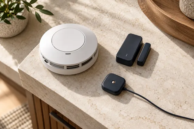 AI illustration: Smoke detector, contact sensor and water leak detector.