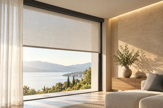 AI illustration: Lighting and motorised shading in a sunlit interior.