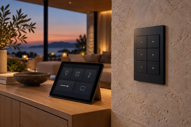 AI illustration: Scene keypad and tablet with room controls.
