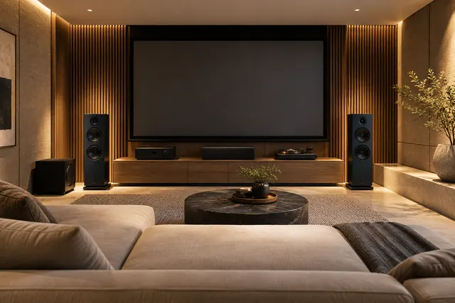 AI illustration: Media room with speakers and screen.