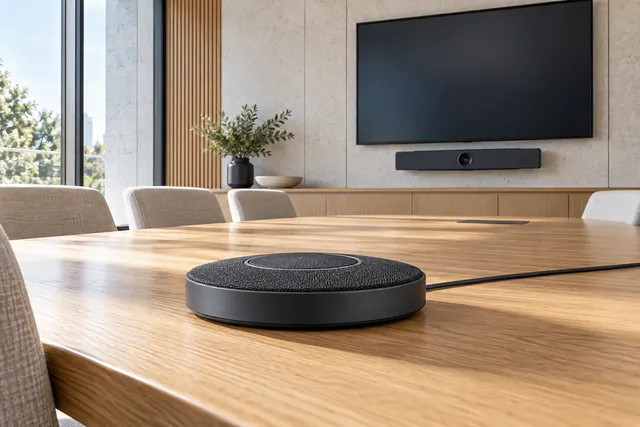 AI illustration: Conference microphone and video bar in a meeting room.