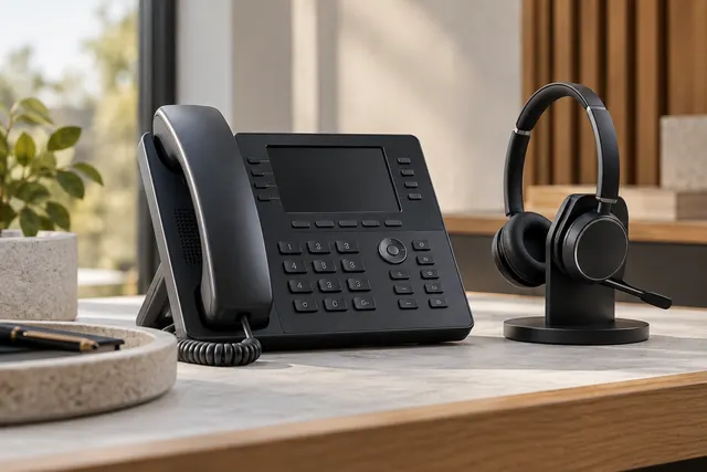 AI illustration: Desk IP telephone and wireless headset.