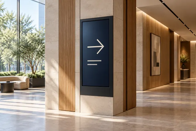 AI illustration: Wayfinding display integrated into a lobby wall.