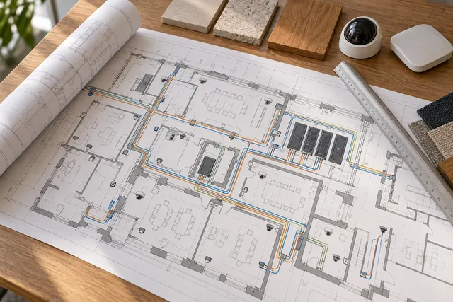 AI illustration: Technology drawings and tools on a planning table.