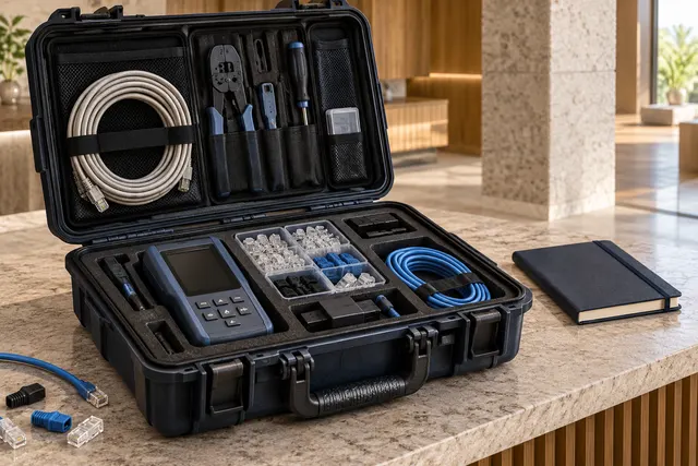 AI illustration: Organised service equipment and cable tester.